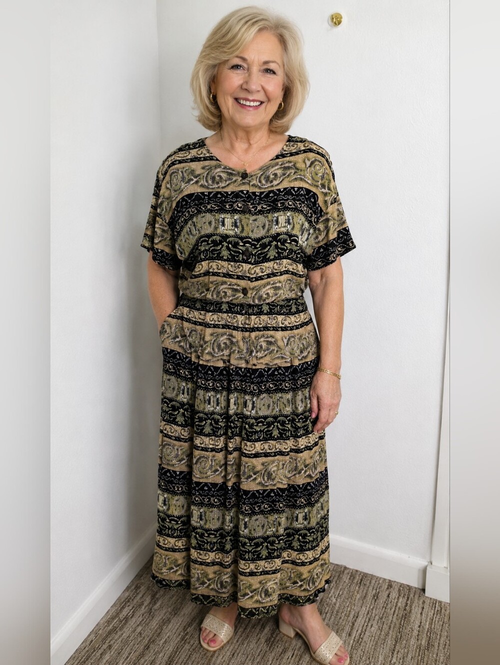 Michele Leslie Vintage Black & Olive Pattern Midi-Skirt & Matchng Top, Sz Large